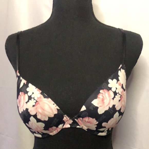 PINK VICTORIA’S SECRET black and pink floral padded push up bra. Size 34 B. - Picture 7 of 9